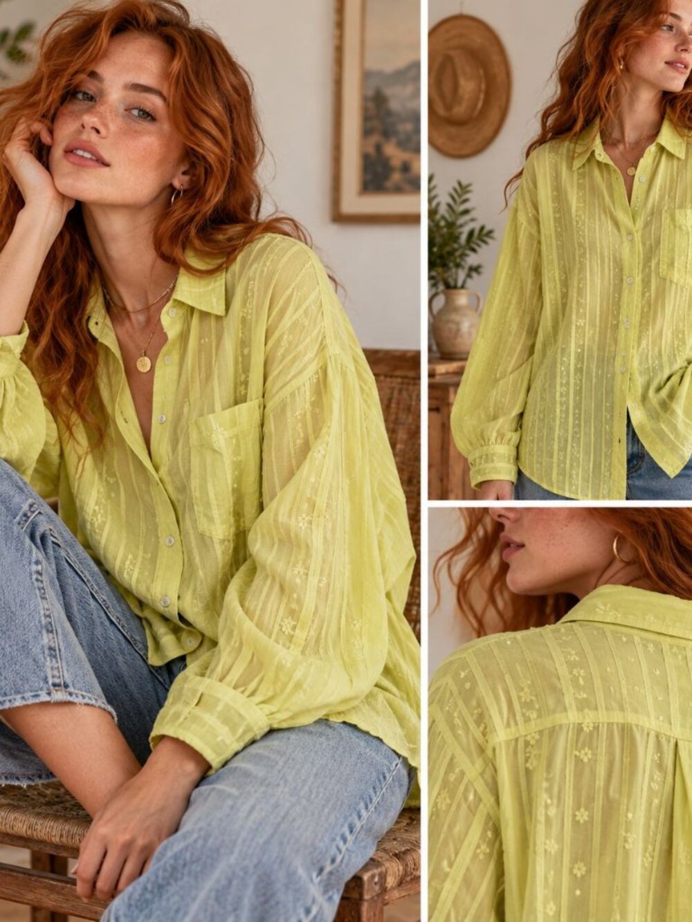 BDG Alex Oversized Button Down Shirt Yellow Green Striped Boho Casual Size L